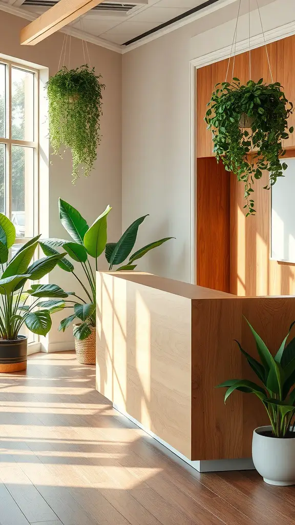A modern reception desk surrounded by indoor plants and natural light.