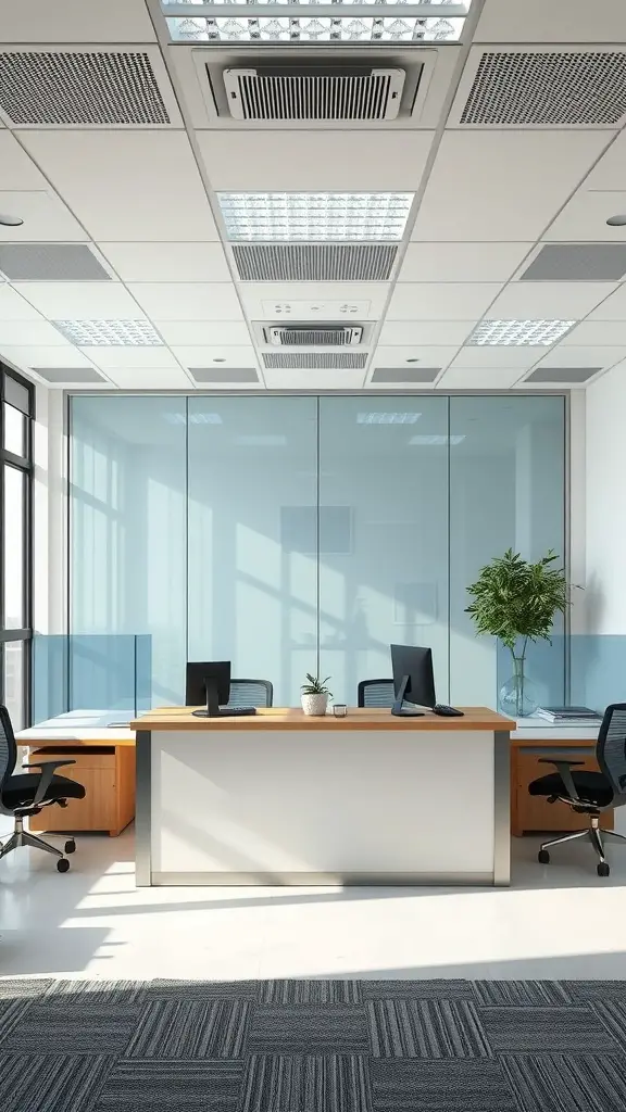 Modern office reception area with a reception desk and privacy screens