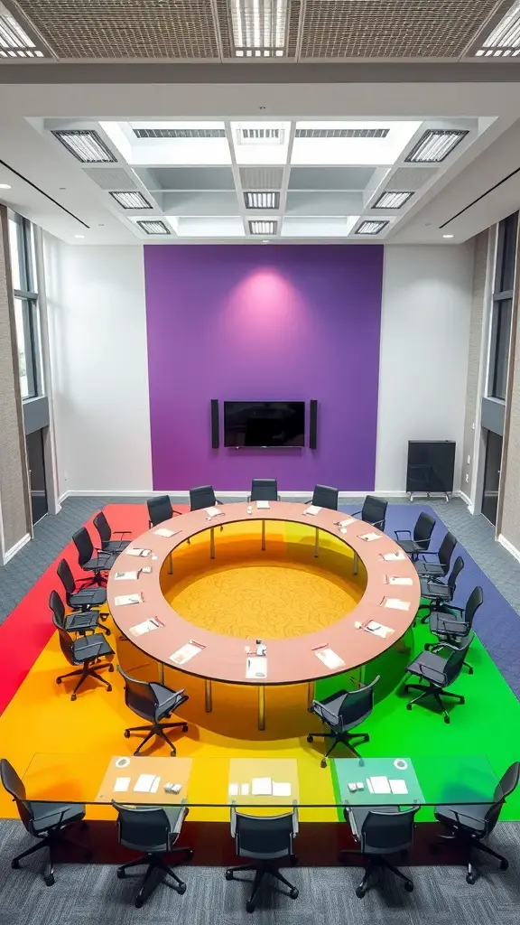 A colorful conference room with a round table, featuring distinct zones in red, orange, yellow, green, and purple.