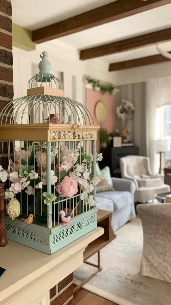Add a whimsical touch to your decor with decorative birdcages. Imagine a vintage-style birdcage painted in white or pastel colors, filled with faux flowers or small decorative birds. This charming piece can be placed on a mantel, shelf, or even hung from the ceiling.