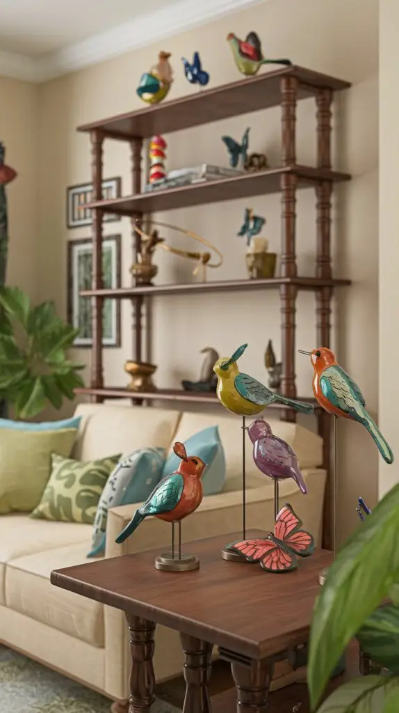 Incorporate bird and butterfly decor into your home. Imagine decorative birds and butterflies made of metal or ceramic placed on shelves, tables, or hung on the walls. These pieces can add a whimsical and playful touch to your spring decor.