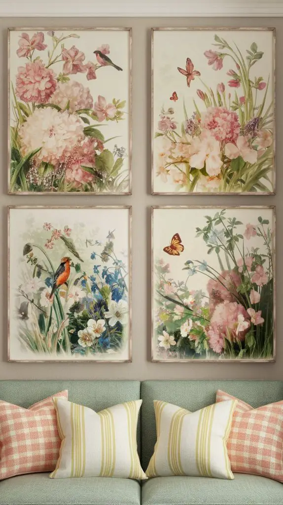 Transform your walls with spring-themed art pieces. Envision a set of framed prints featuring blooming flowers, birds, and butterflies in pastel hues. These artworks can bring a sense of nature and tranquility to your space, making it feel like a spring garden indoors.