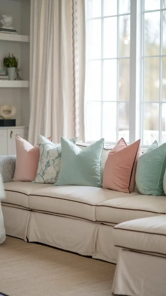 Switching out your regular throw pillows for pastel-colored ones is a simple yet effective way to bring spring into your living room. Picture a cozy couch adorned with soft pillows in shades of mint green, baby blue, and blush pink. These colors evoke the freshness of spring and create a serene and inviting atmosphere.