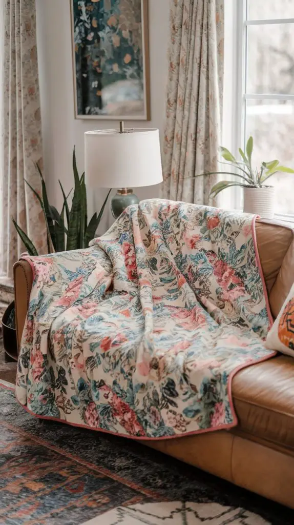 Add warmth and style to your living space with floral throw blankets. Picture a soft, cozy blanket with a floral pattern in bright spring colors draped over your couch or armchair. This piece can make your space feel more inviting and ready for the season.