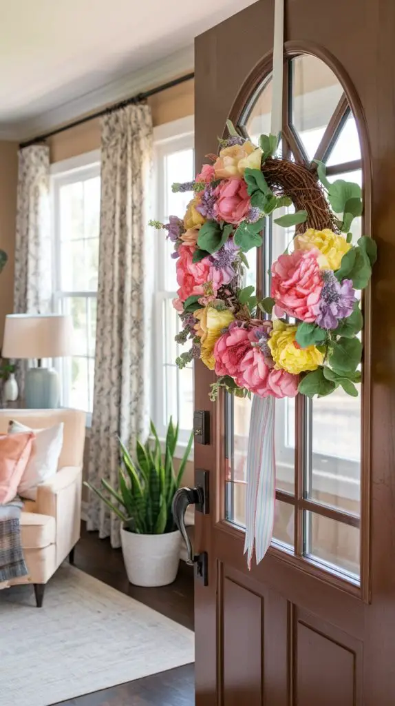 A beautiful floral wreath is a quintessential spring decor item that can instantly uplift your entrance. Imagine a wreath made of fresh or faux flowers in vibrant colors like pink, yellow, and lavender, adorned with green leaves and a cute ribbon. This welcoming piece not only adds a touch of spring to your door but also sets the tone for the decor inside.
