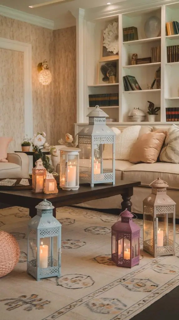 Add a touch of charm with decorative lanterns. Imagine lanterns in various sizes and pastel colors, filled with candles or fairy lights. These lanterns can be placed on your porch, mantel, or as a centerpiece to create a warm and inviting ambiance.