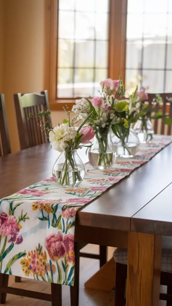 A floral table runner can be a beautiful addition to your dining or coffee table. Picture a fabric runner adorned with a pattern of blooming flowers in vibrant spring colors. This piece can add a touch of elegance and freshness to your table setting.