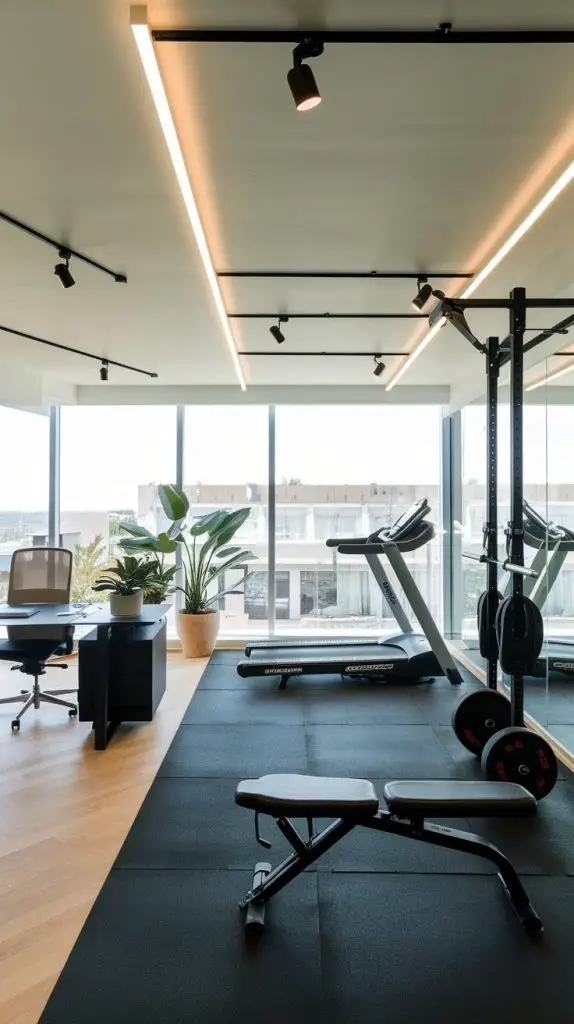 When setting up a home office gym combo, customized adjustable lighting is a game-changer. Start by assessing the specific lighting needs for both work and workouts. You want to ensure your workspace is bright and focused, while your gym area has softer, adaptable lighting for different exercises.