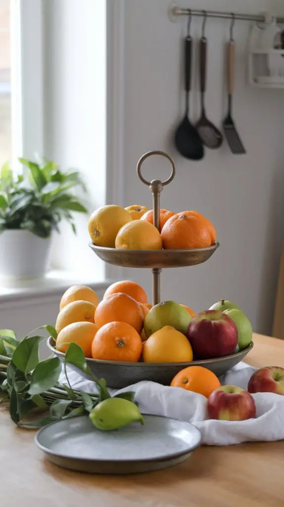 Create a fresh fruit display for a natural and colorful decor element. Picture a bowl or tiered stand filled with a variety of fresh fruits like lemons, oranges, and apples placed on your kitchen counter or dining table. This display not only looks beautiful but also encourages healthy snacking.