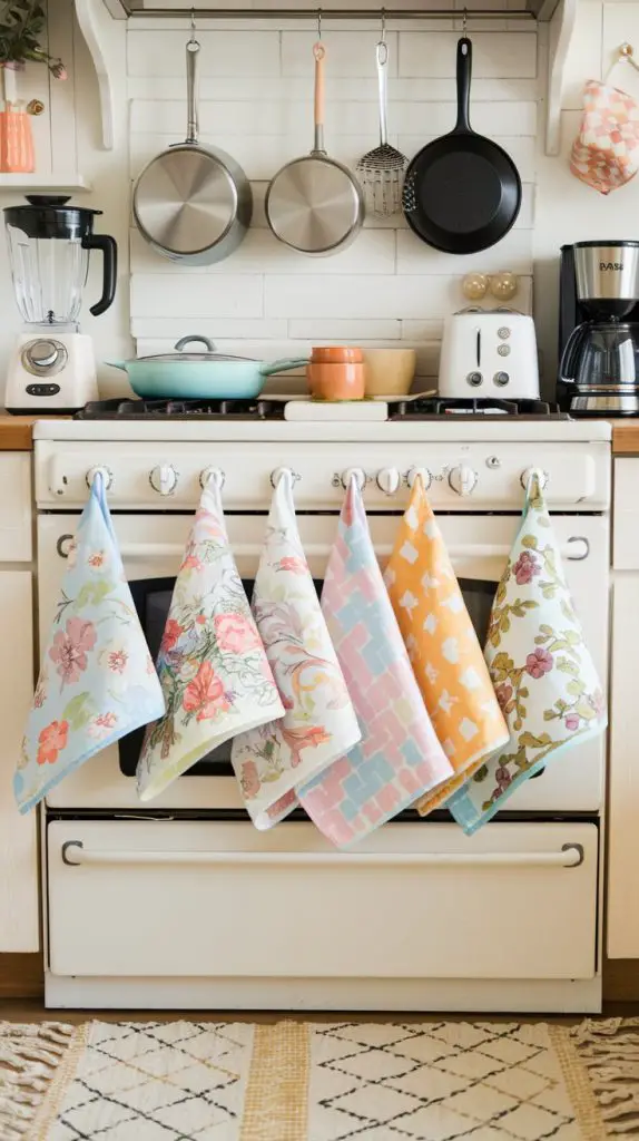 Add a touch of spring to your kitchen with themed towels. Picture a set of kitchen towels with floral prints or pastel colors hanging from your oven handle or kitchen hooks. These towels can bring a fresh and cheerful vibe to your kitchen.