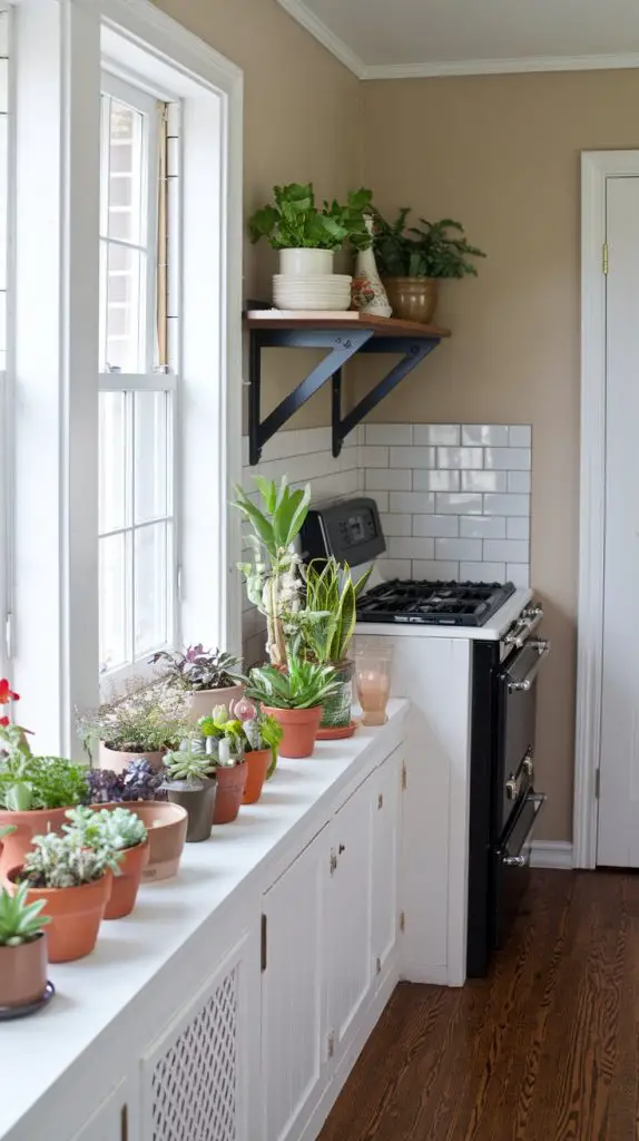 Incorporate potted plants into your decor to bring a touch of greenery indoors. Visualize small pots filled with succulents, herbs, or flowering plants placed on windowsills, shelves, or countertops. These plants can add life and color to your space while also improving air quality.