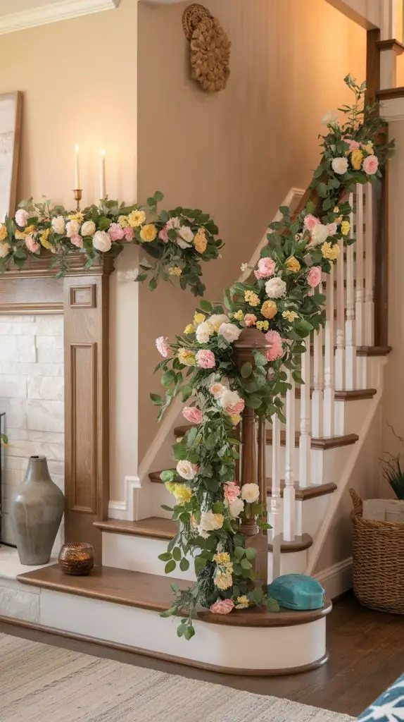 Decorate with a floral garland. Envision a garland made of faux flowers and greenery draped over your mantel, staircase, or around a mirror. This piece can add a touch of elegance and springtime charm to your home.