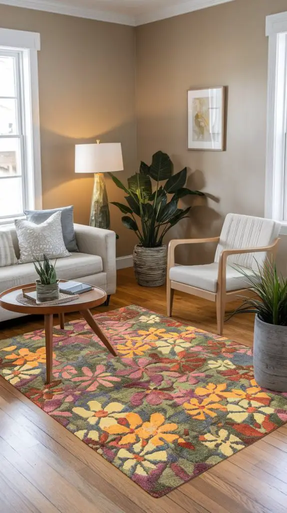 Update your flooring with spring-themed throw rugs. Visualize a rug with a floral or geometric pattern in bright, cheerful colors placed in your living room or hallway. This piece can add a pop of color and a touch of spring to your home.