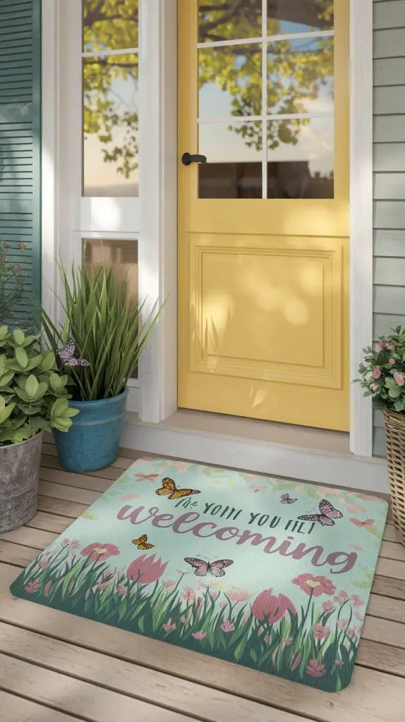 Welcome guests with a spring-themed doormat. Envision a doormat with a cheerful design featuring flowers, butterflies, or a welcoming message in pastel colors. This small detail can make a big impact on your home's entrance.