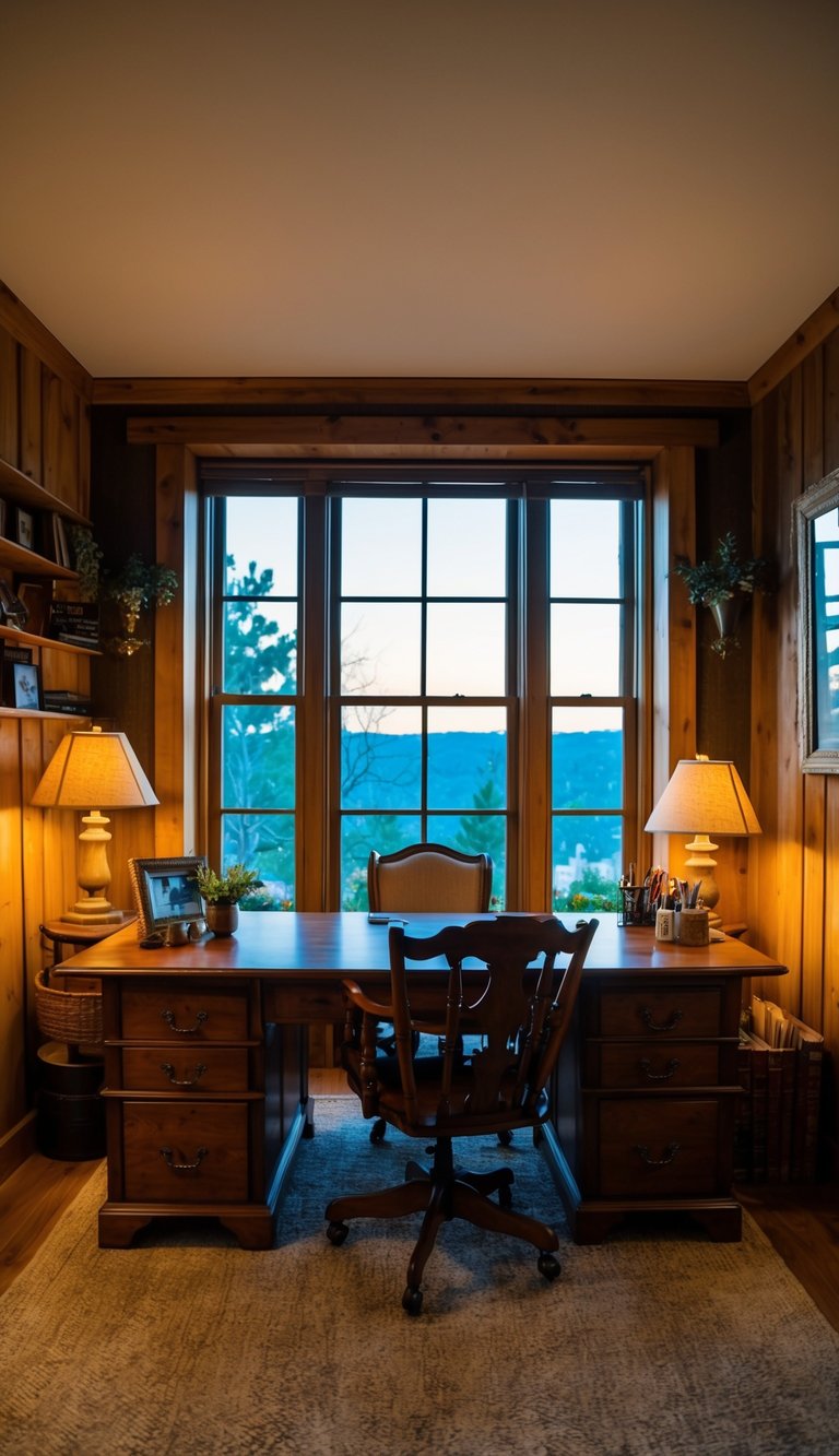 A cozy rustic office with wooden furniture, warm lighting, and vintage decor. A large desk sits in front of a window with a view of nature