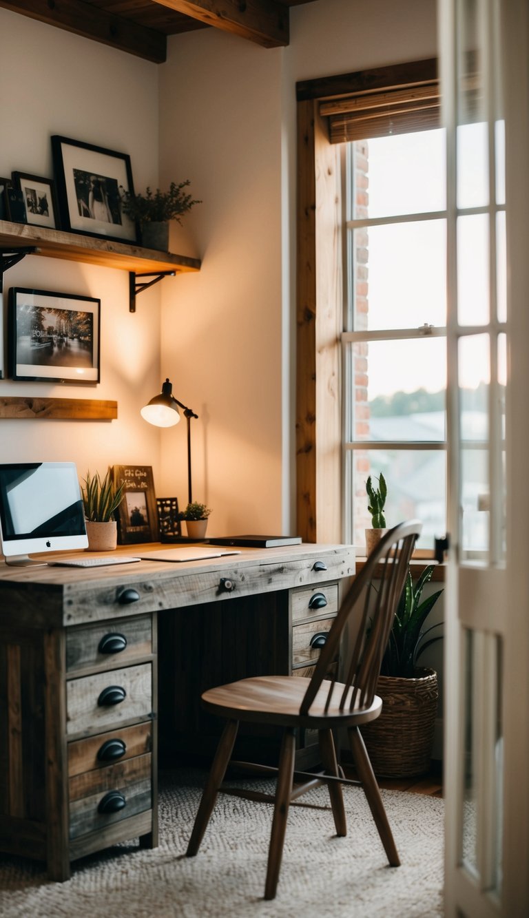 A cozy home office with a reclaimed wood desk, surrounded by rustic decor and soft lighting
