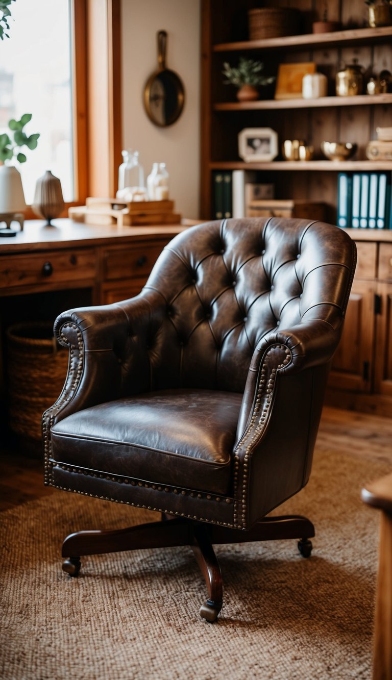 A vintage leather chair sits in a rustic home office, surrounded by warm wood furniture and cozy decor