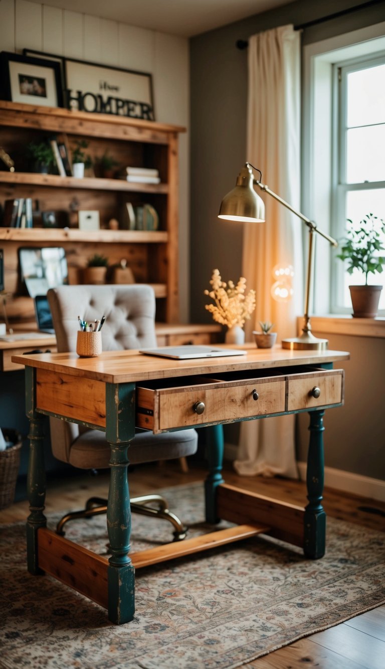 A maple desk sits in a rustic home office, distressed with age and wear, surrounded by cozy decor and warm lighting