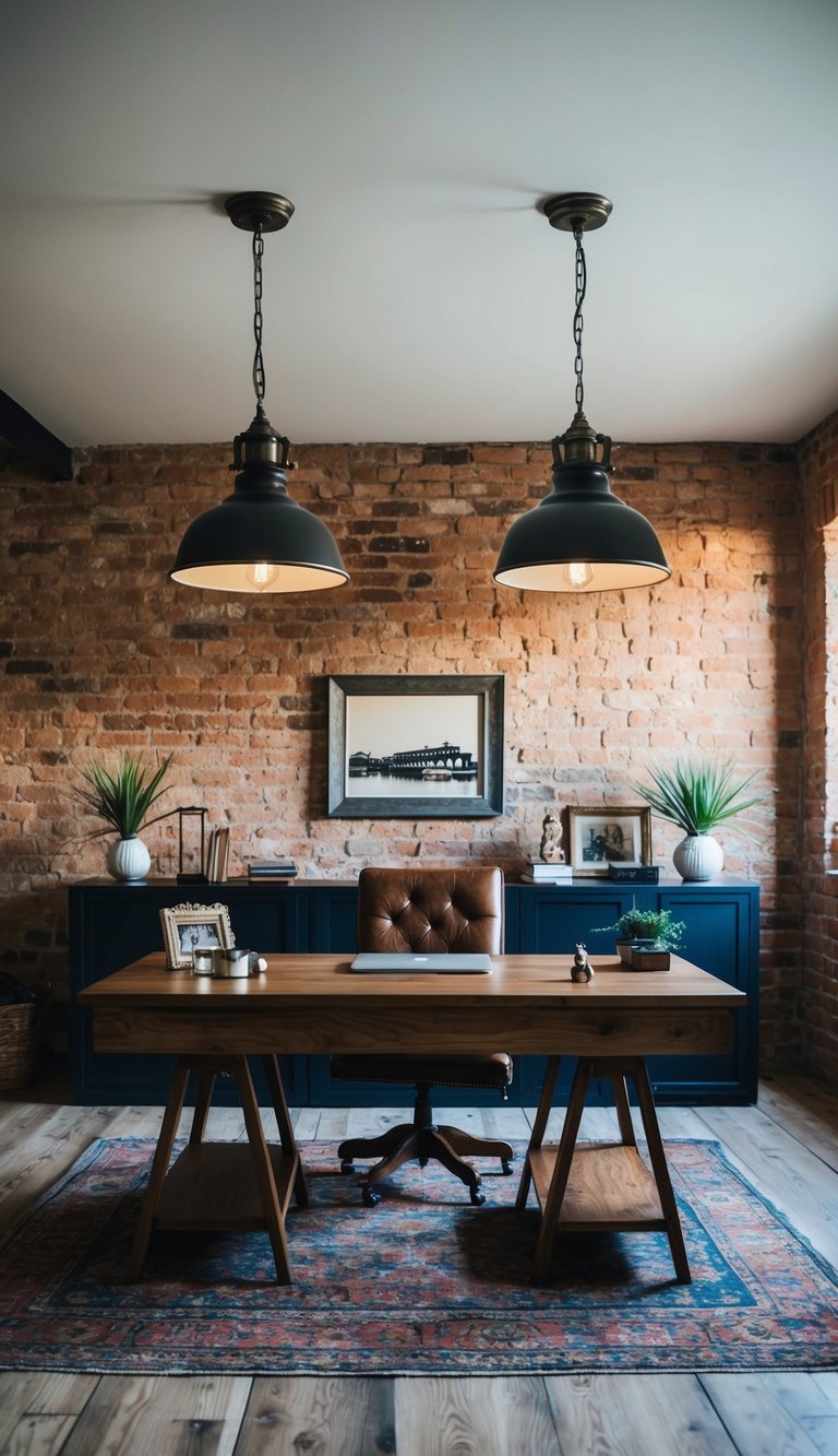 A rustic home office with industrial pendant lighting, featuring a wooden desk, exposed brick walls, and vintage decor