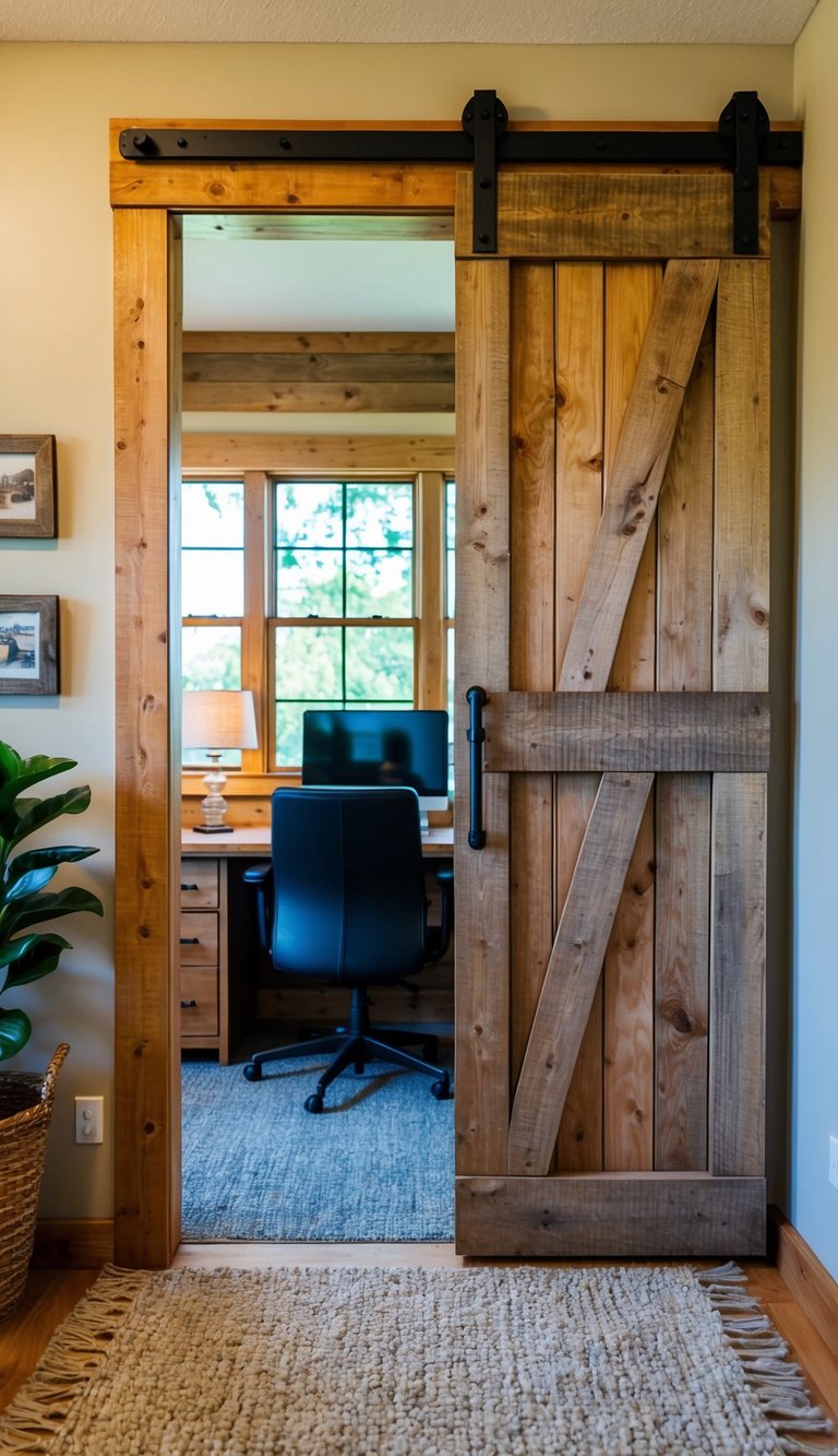 A rustic barn door serves as a room divider in a cozy home office, creating a warm and inviting atmosphere