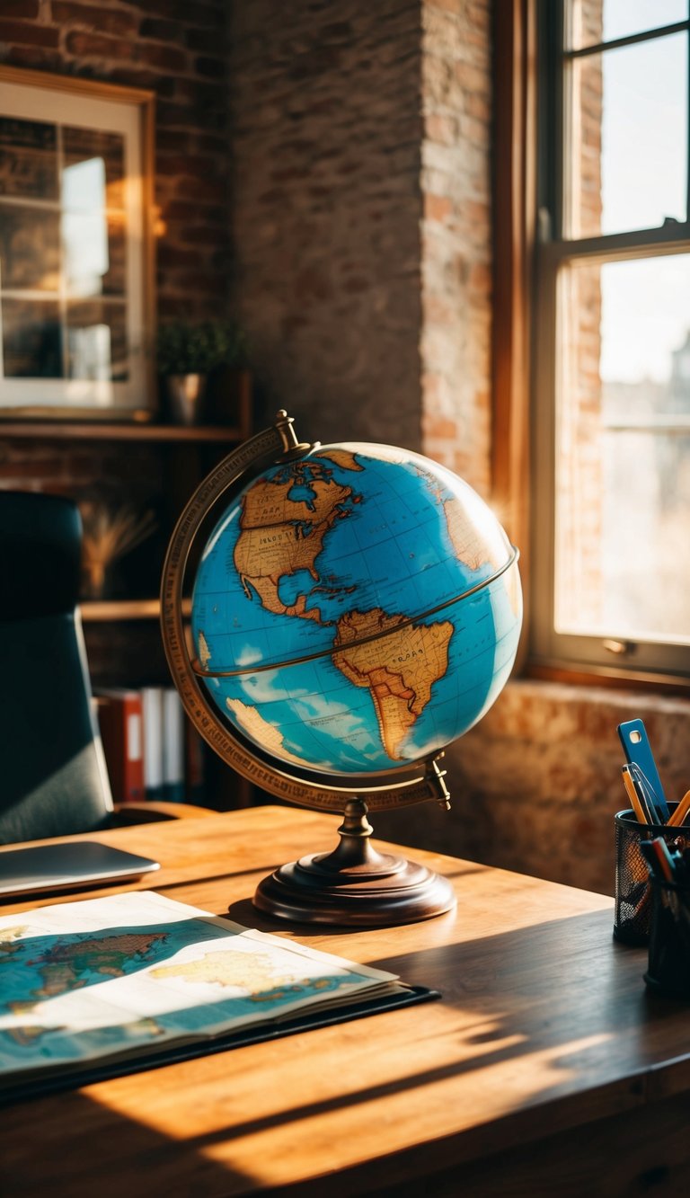 An antique globe sits on a wooden desk, surrounded by rustic office decor. Sunlight streams through a nearby window, casting warm shadows on the aged map