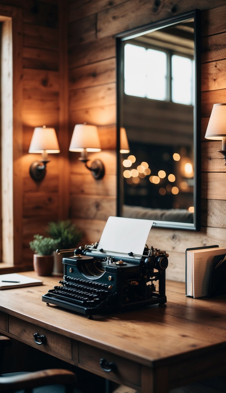 A cozy rustic office with wooden desk, vintage typewriter, and warm lighting from wall sconces