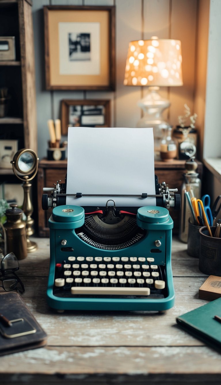 A vintage typewriter sits on a weathered wooden desk surrounded by antique office supplies and rustic decor