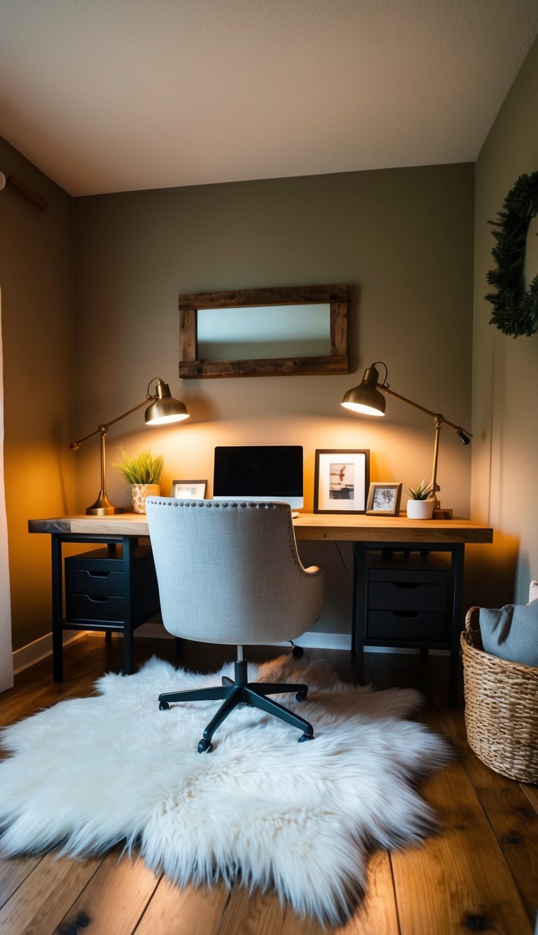 A cozy faux fur rug adorns a rustic home office, with warm lighting and natural wood accents