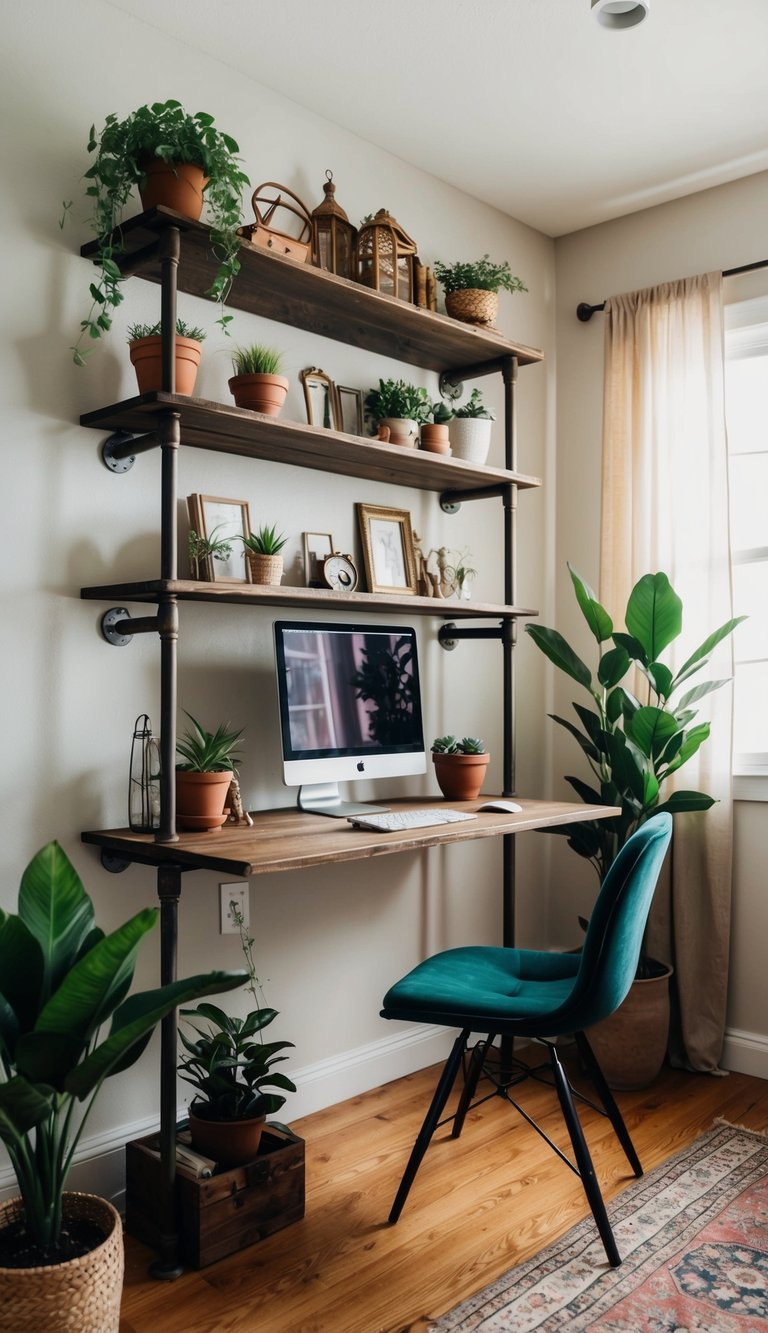 A rustic home office with iron pipe shelving, adorned with plants and vintage decor
