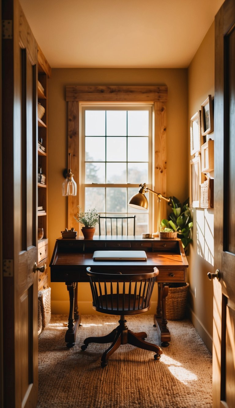 A cozy, sunlit home office with a vintage roll-top desk, surrounded by rustic decor and warm, earthy tones