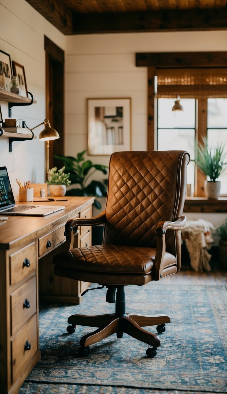 A cozy home office with a rustic vibe, featuring a quilted leather office chair and warm, inviting decor