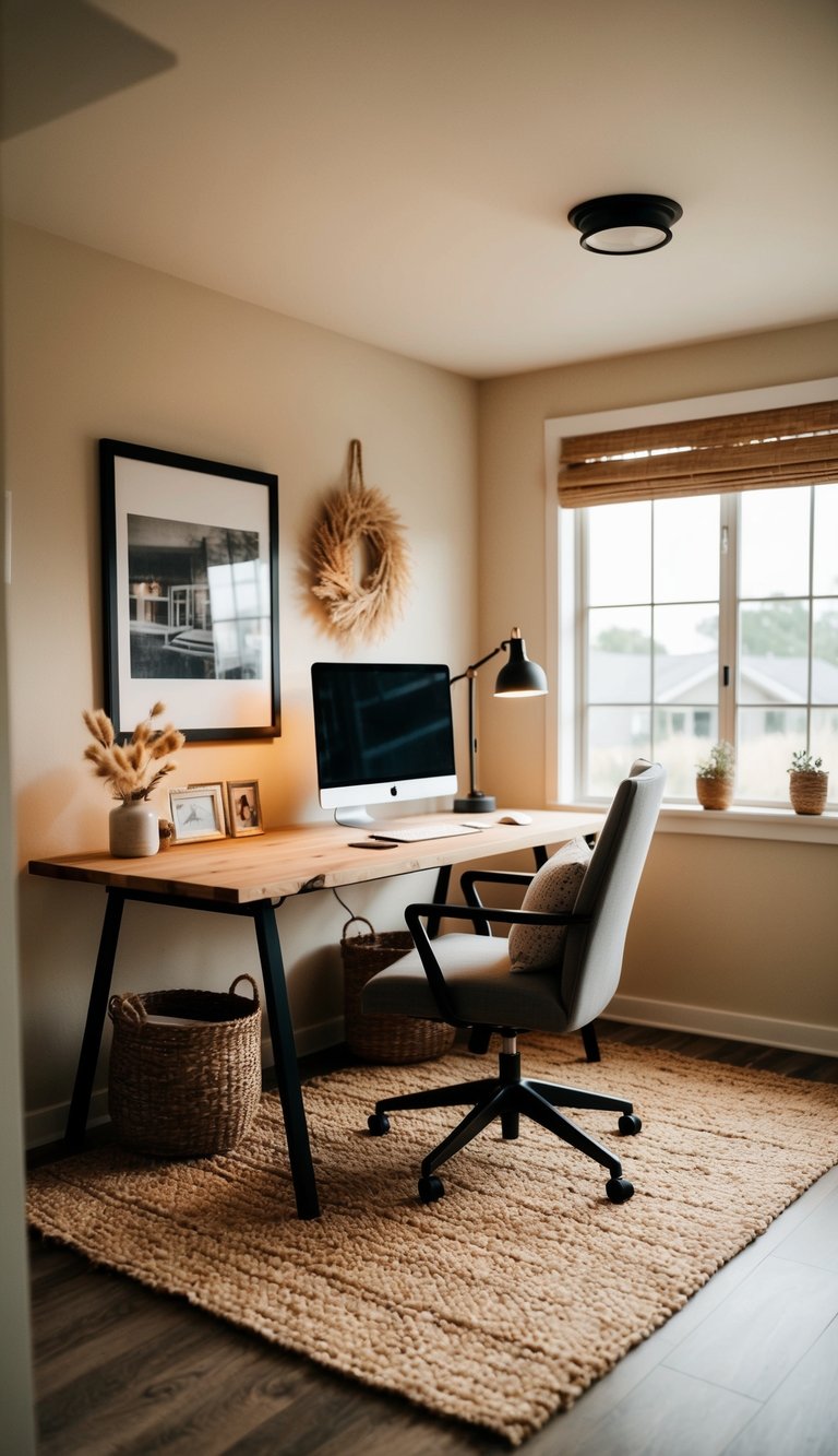 A cozy home office with a natural jute rug, rustic decor, and warm lighting
