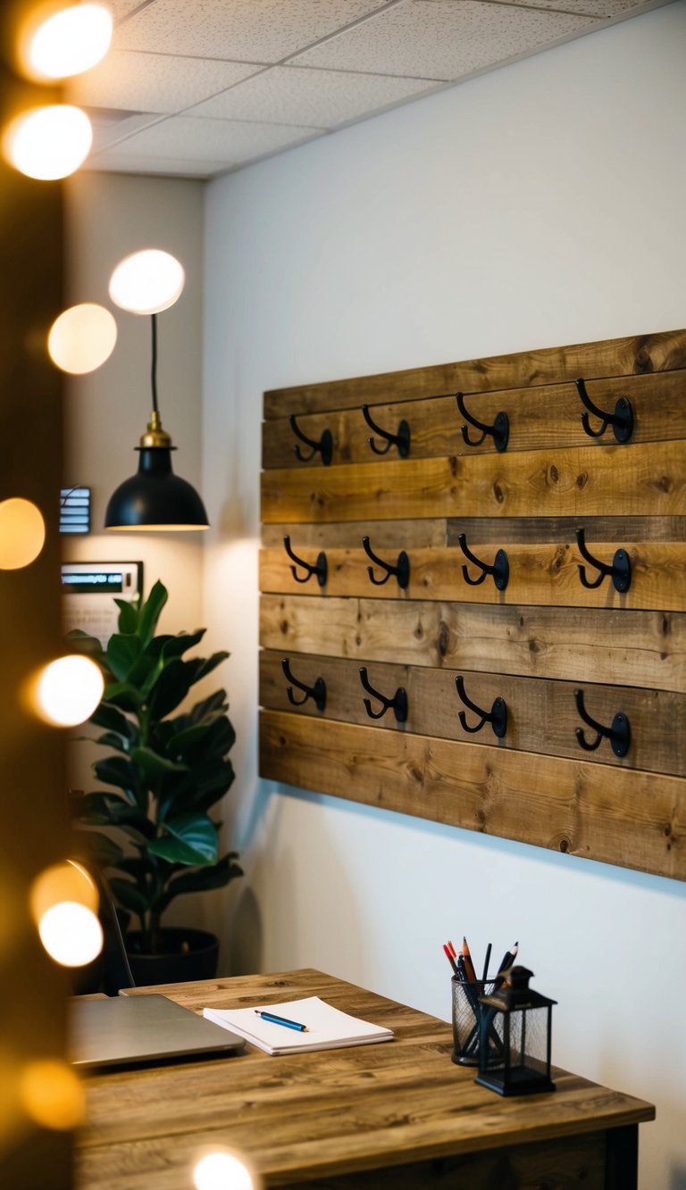 A wooden wall adorned with rustic coat hooks, surrounded by cozy office decor and warm lighting