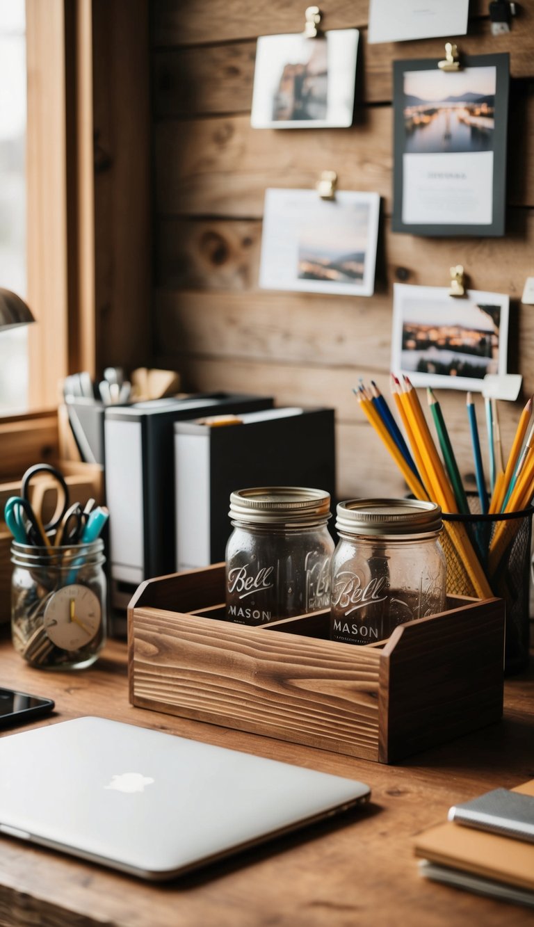 A wooden desk with a mason jar desk organizer, surrounded by rustic office decor and supplies