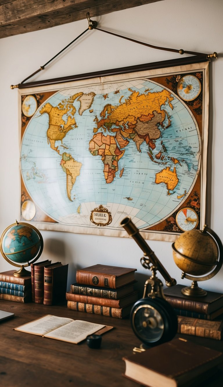 A vintage world map hangs on the wall of a rustic home office, surrounded by antique globes, leather-bound books, and a brass telescope