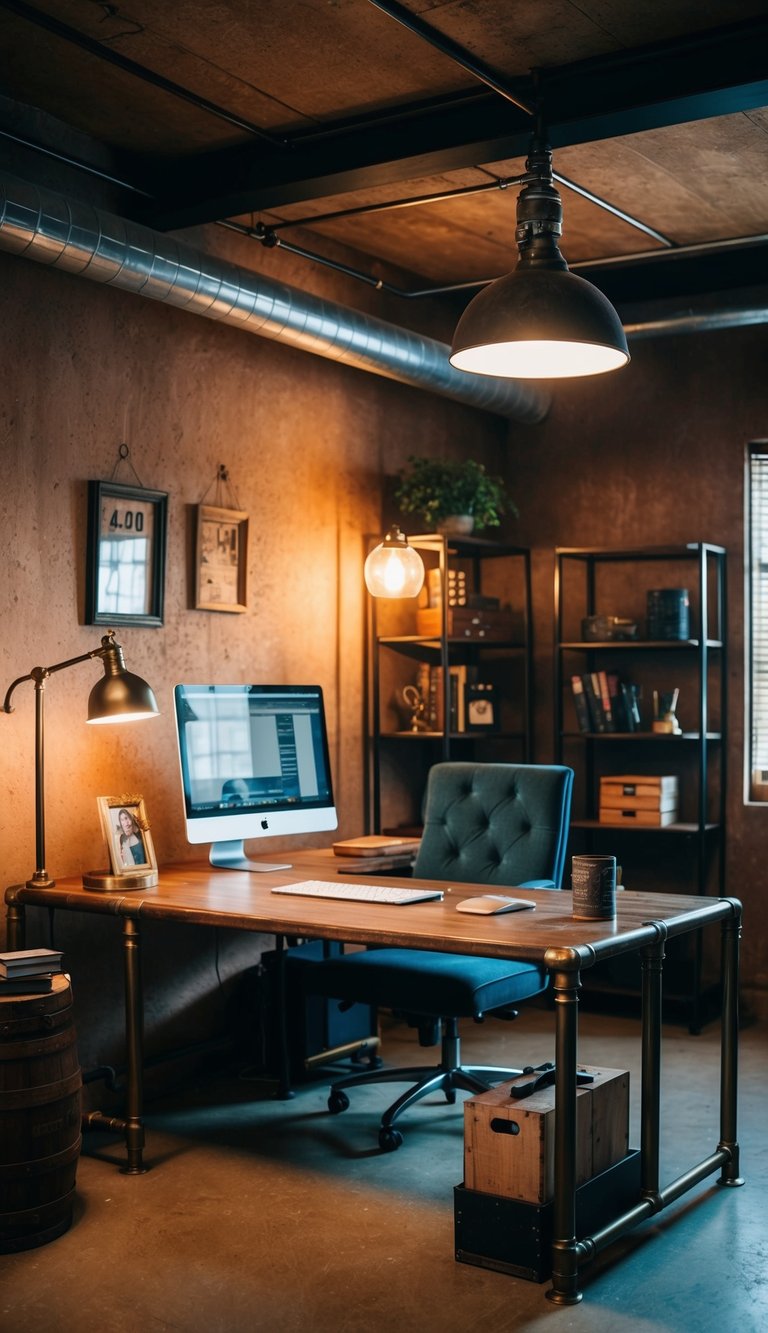 A rustic office with a sturdy industrial pipe desk, surrounded by vintage decor and warm lighting