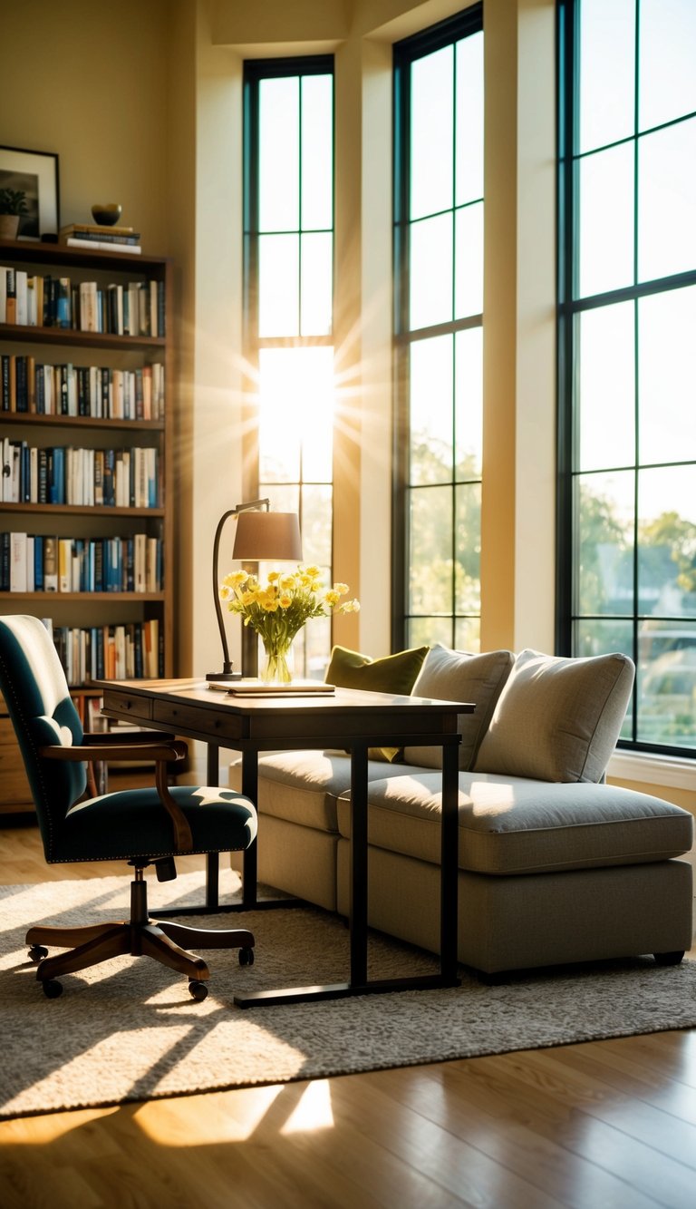 A cozy sitting room with a desk, bookshelves, and comfortable seating. Sunlight streams in through large windows, casting a warm glow over the space
