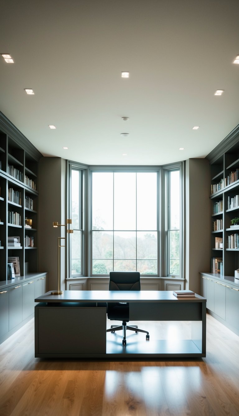 A spacious sitting room with a sleek, multifunctional desk featuring built-in shelves for books and decor. The room is well-lit with natural sunlight streaming in through large windows