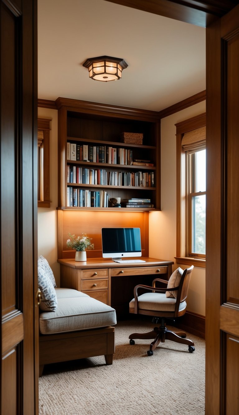 A cozy sitting room with a built-in bookshelf and office desk combo, featuring warm lighting and comfortable seating