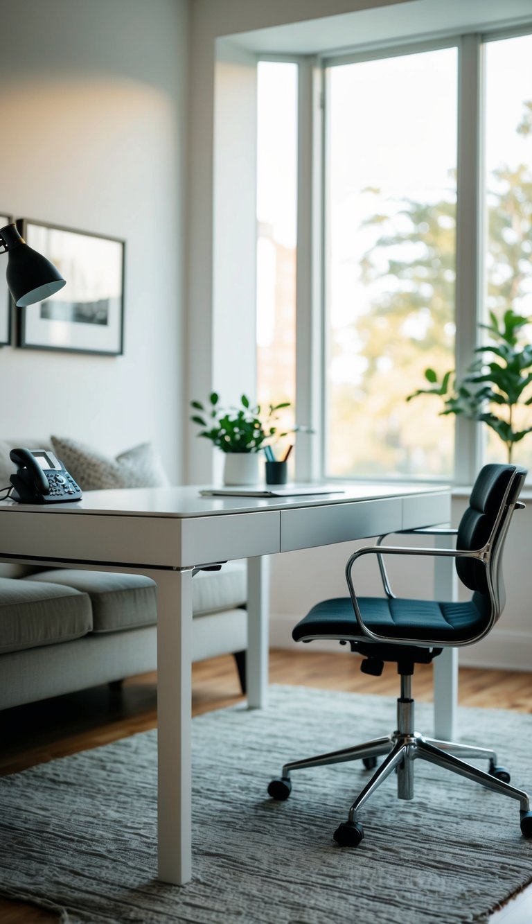 A sleek white desk sits by a bright window in a cozy sitting room-office combo