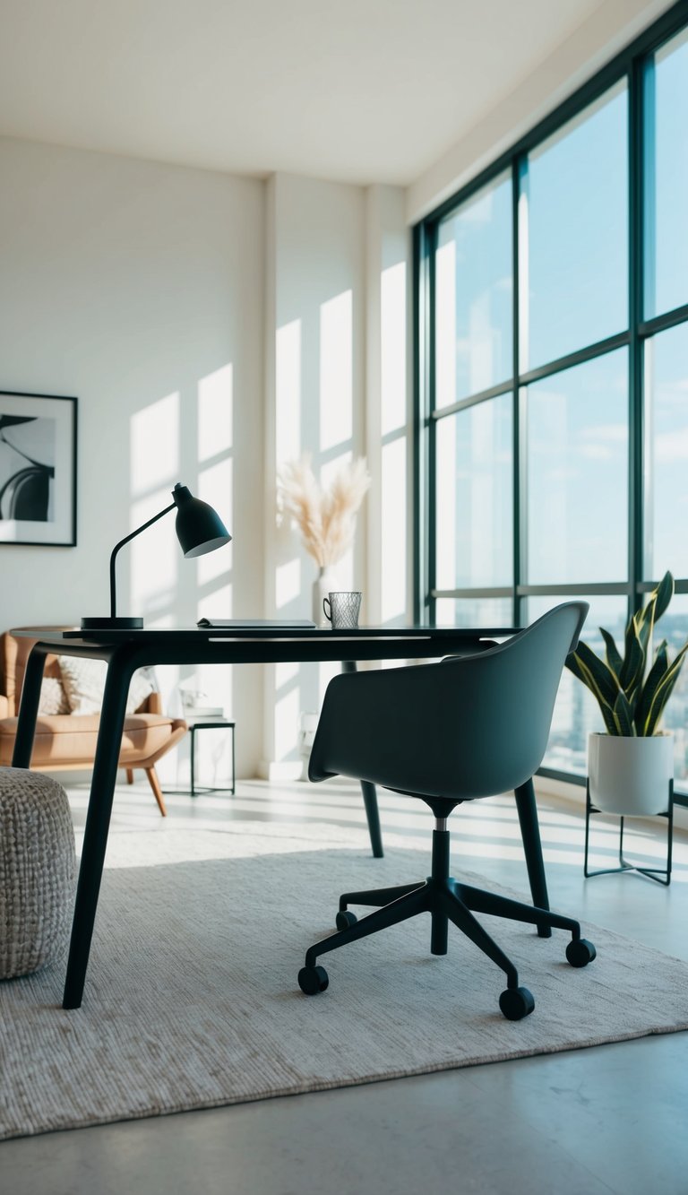 A sleek desk with a modern chair sits in a sunlit room with large windows, surrounded by clean, minimalist decor and a cozy sitting area
