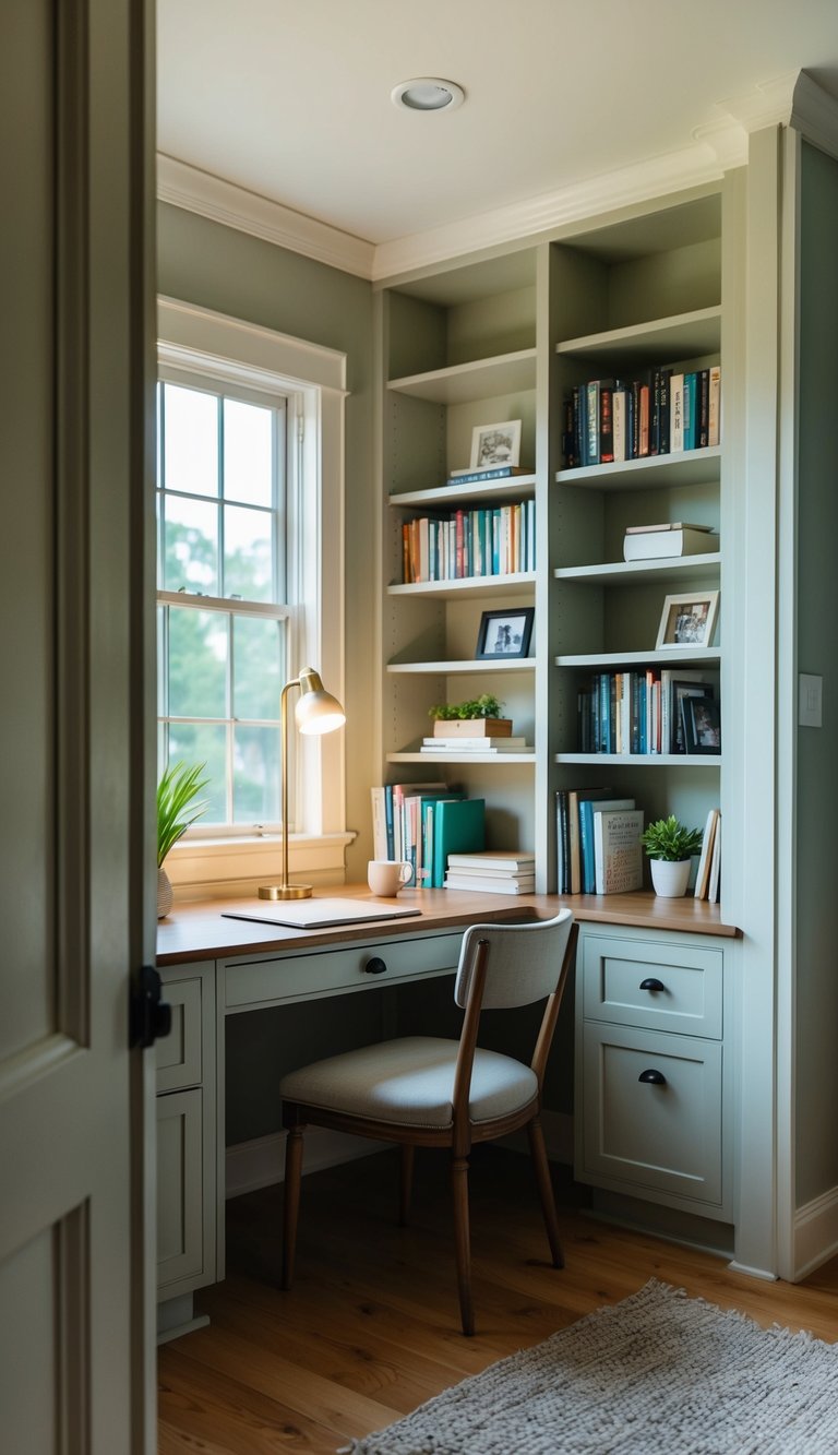 A cozy desk nook nestled in a corner of a living room, with a small desk, chair, and bookshelves, bathed in natural light from a nearby window