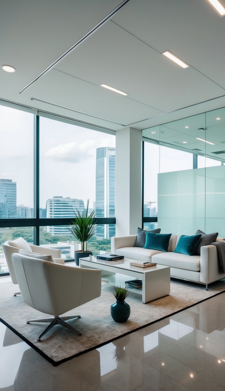 A spacious, airy sitting room and office combo with white furniture, sleek lines, and modern decor