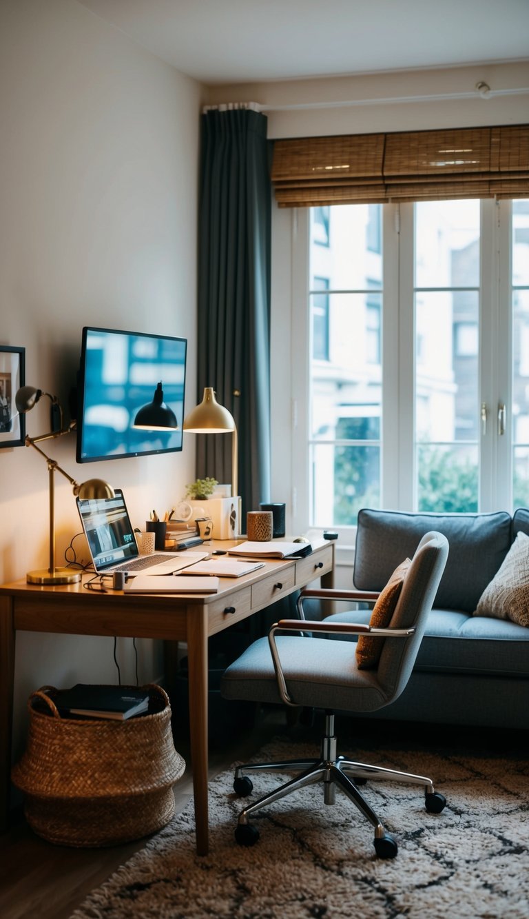 A cluttered desk sits between a sofa and a window in a cozy sitting room office combo