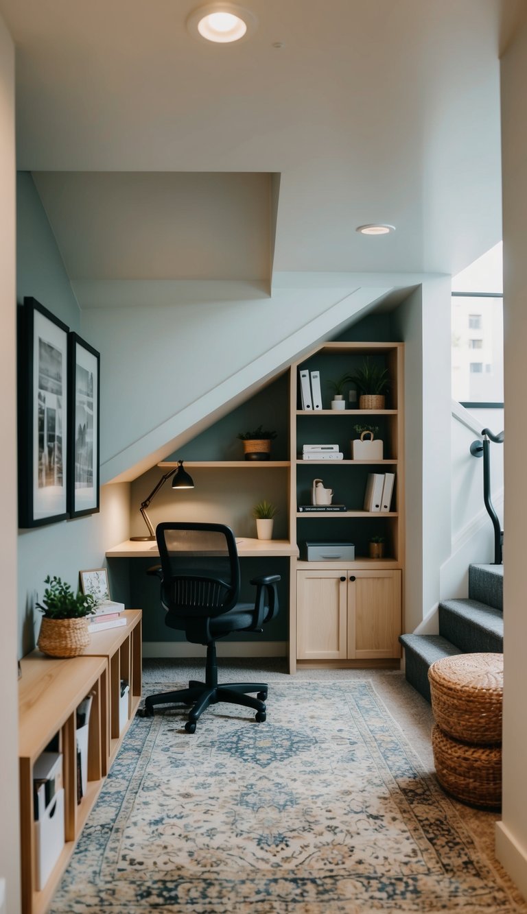 A cozy living room office nestled under the stairs, with a desk, chair, and shelving unit creating a stylish sitting room office combo