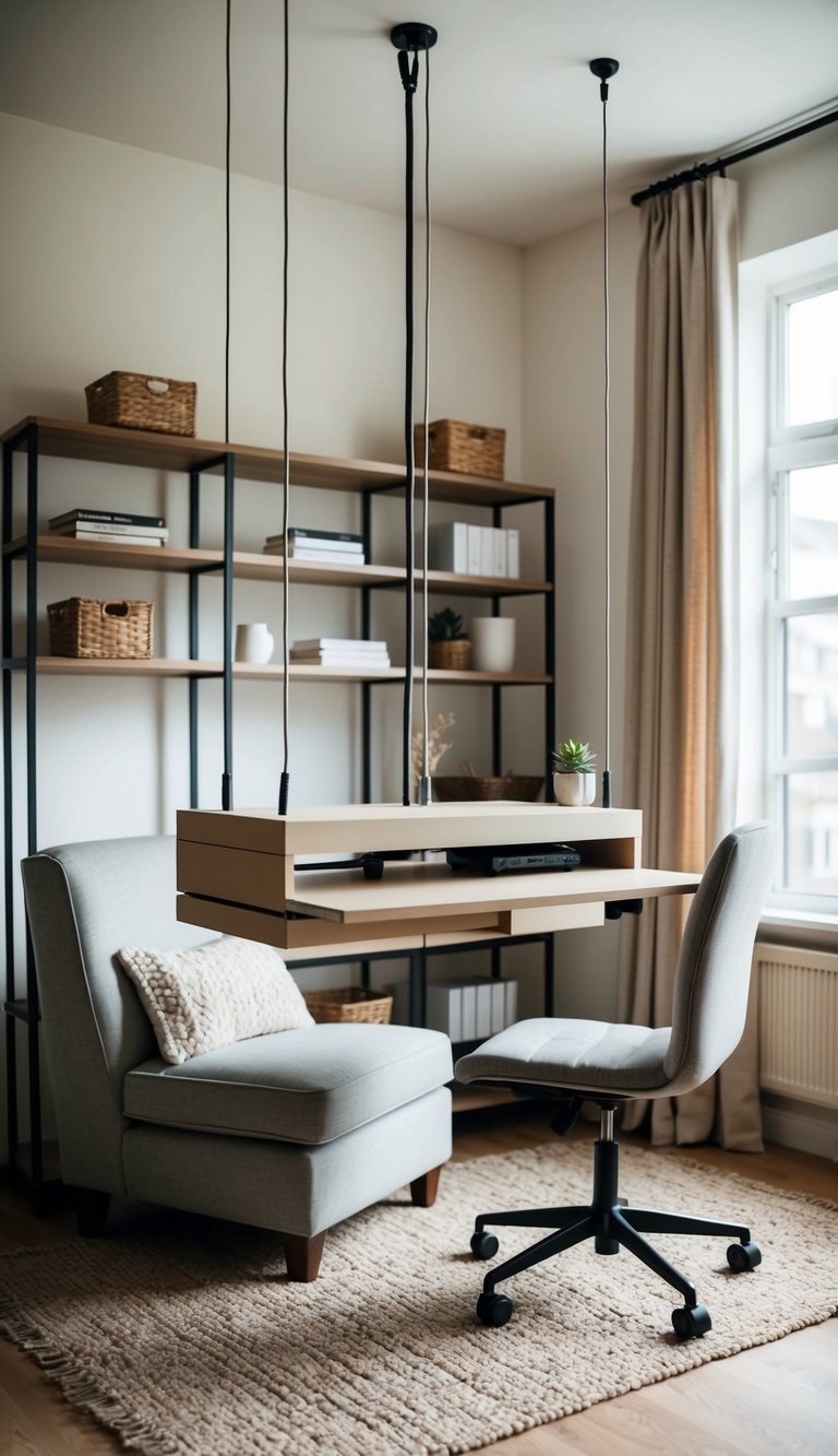 A compact desk suspended by cables in a cozy sitting room, surrounded by shelves and a comfortable armchair