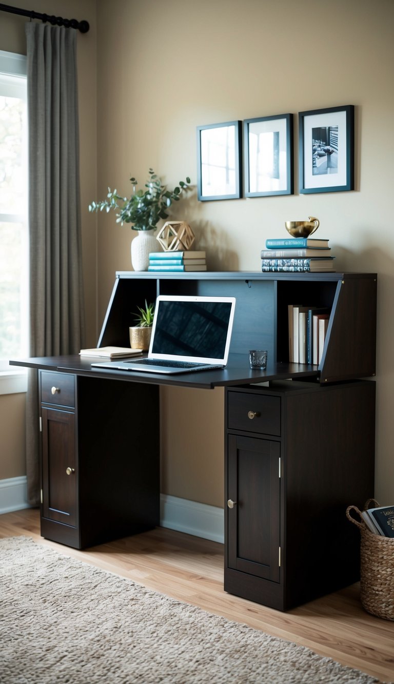 A convertible desk and cabinet unit in a cozy sitting room, with a laptop, books, and decorative items neatly arranged on its surface