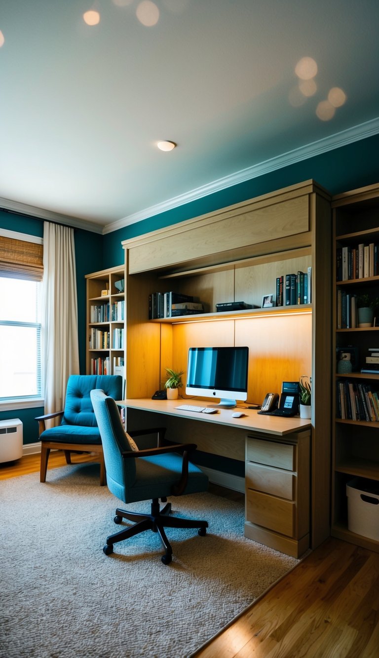 A cozy sitting room with a Murphy bed desk combo, bookshelves, and a comfortable chair. A desk with a computer and office supplies completes the multifunctional space