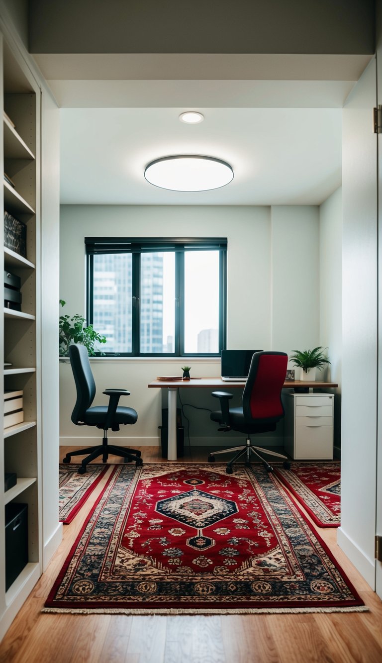 A sitting room and office combo with rugs defining separate areas