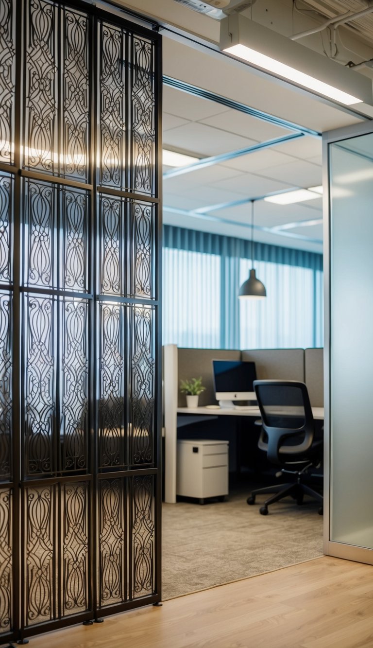 A room divider with intricate patterns separates a cozy sitting area from a functional office space